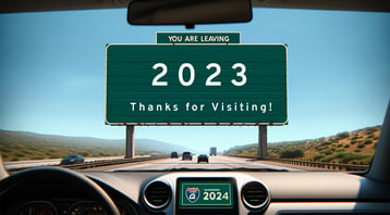 Highway sign saying you are leaving 2023 - thanks for visiting