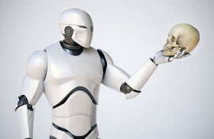 A humanoid robot holds a human skull symbolizing man versus machine